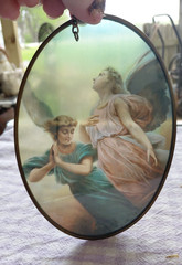 Vtg Sun Catcher Guardian Angel Glass Oval Brass Frame Window Hang Religion Faith