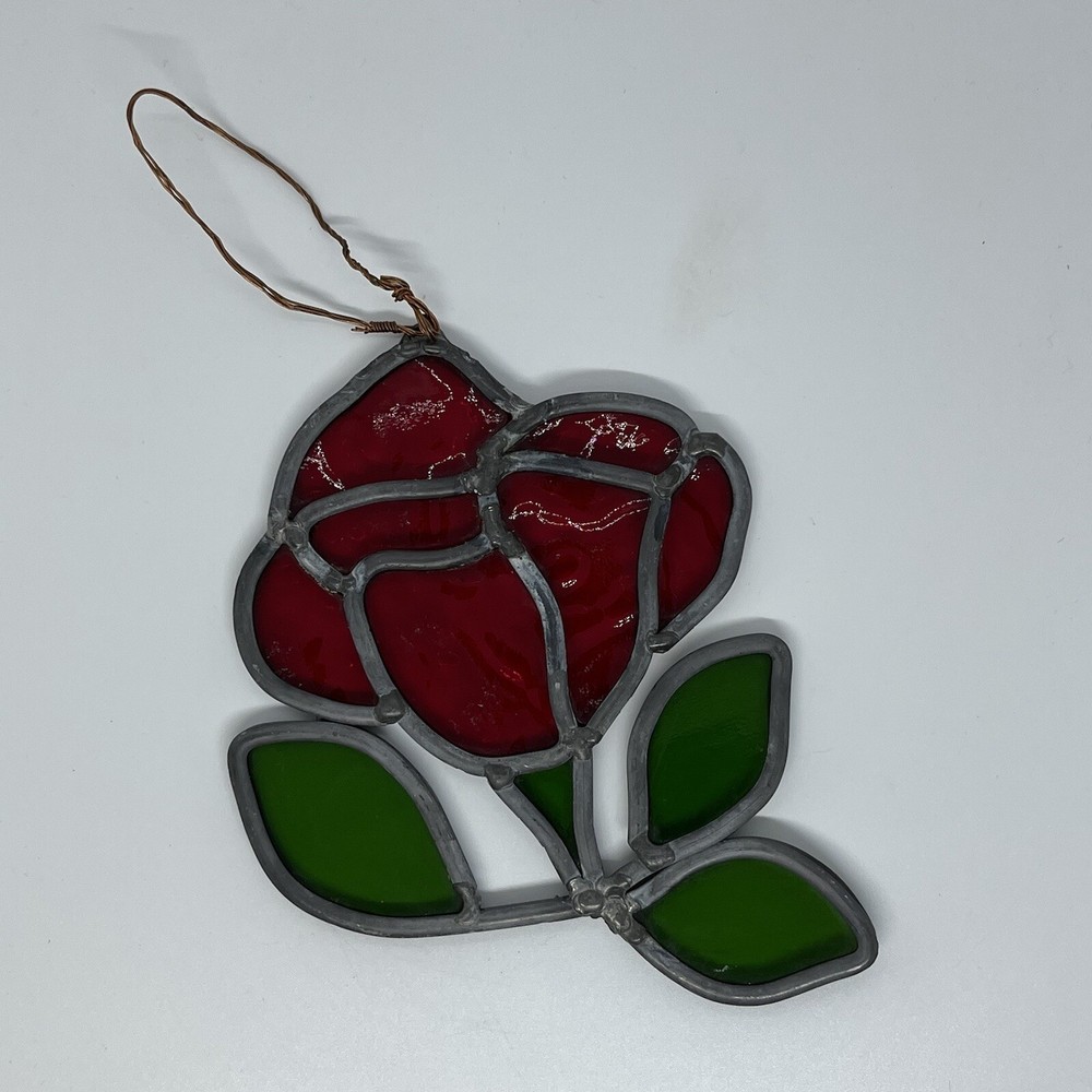 Vintage Stained Glass Rose Flower Suncatcher Acrylic Metal Hand Crafted