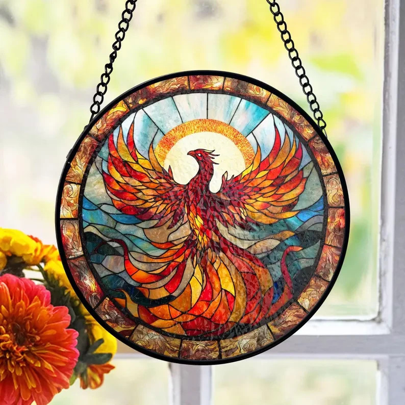 Phoenix Firebird Stained Glass Suncatcher – Symbol of Rebirth Window Hanging
