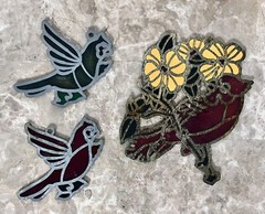 Vintage Stained Glass and Metal Bird Suncatchers RED GREEN WHITE Nature