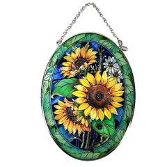 Amia Denver Sunflowers Ladybug Stained Glass Window Suncatcher Hand Painted 7×5”