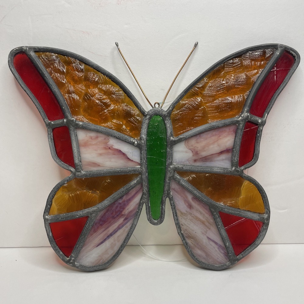 Stained Glass Butterfly Suncatcher Red Pink Orange Green