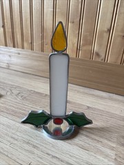 Vintage Stained Glass Christmas Candle Holly Leaves and Berry, Free Standing