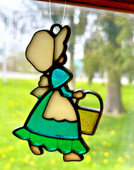 Vintage Sun Catcher-Stained Glass: Bonnet Girl with a Pail
