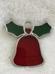 2 Stained Glass Red & Green Bell w/ Holly Christmas Ornaments Suncatchers