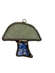 Vintage Stained Glass Mushroom Sun Catcher Ornament 2”x2.5” Blue White Lead Read