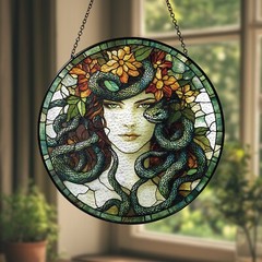 Stained Glass Medusa Suncatcher Snake Hair Mythical Woman Window Hanging Decor