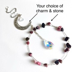 Custom Natural stone & Moon Mobile hanging – Hand beaded SunCatcher Garden decor