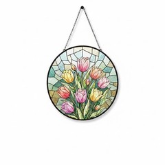 Tulip Flowers Stained Glass Suncatcher, Colorful Tulip Bouquet Window Hanging