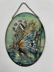 Vtg Butterfly Fairy Suncatcher 8.5” Oval Stained Glass Window Decor Mythical
