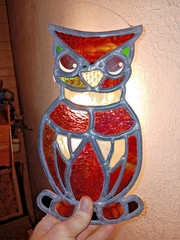 Vintage Signed CULLEN Stained Glass Owl Suncatcher Leaded Window Art 11” 70s MCM