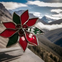 Stained Glass Poinsettia Suncatcher Ornament Christmas Decor Red and Green