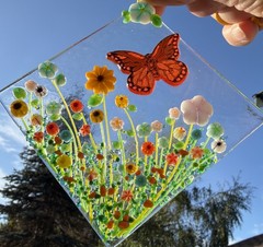 Fused Glass Handmade Diamond Shaped Multicolored Sun Catcher Signed By Artist