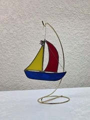 Colorful Vintage Textured Stained Glass Sail Boat Sun Catcher 5″ Nautical