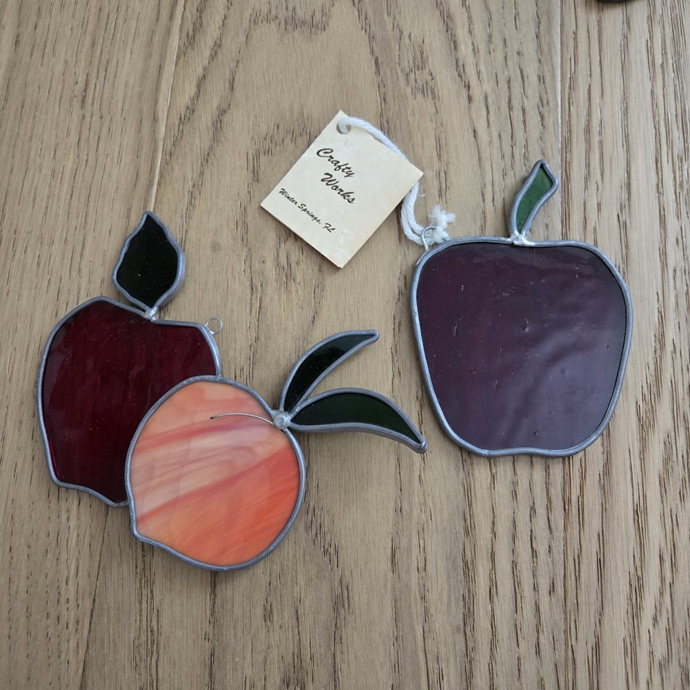 Crafty Works Stained Glass Apple & Peach Fruit Suncatchers, Lot of 2