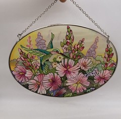 AMIA Hummingbird with Flowers Handpainted Sun Catcher Oval Shape – 9 Inches New