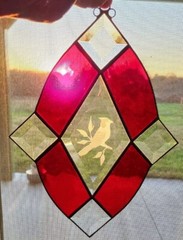 Large stained glass suncatcher W Etched Bird Red Clear Approx 13.5″h x 10″w