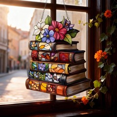 Book Lover Acrylic SuncatcheBookr Stacked Books with Flowers Window Hanging Gift