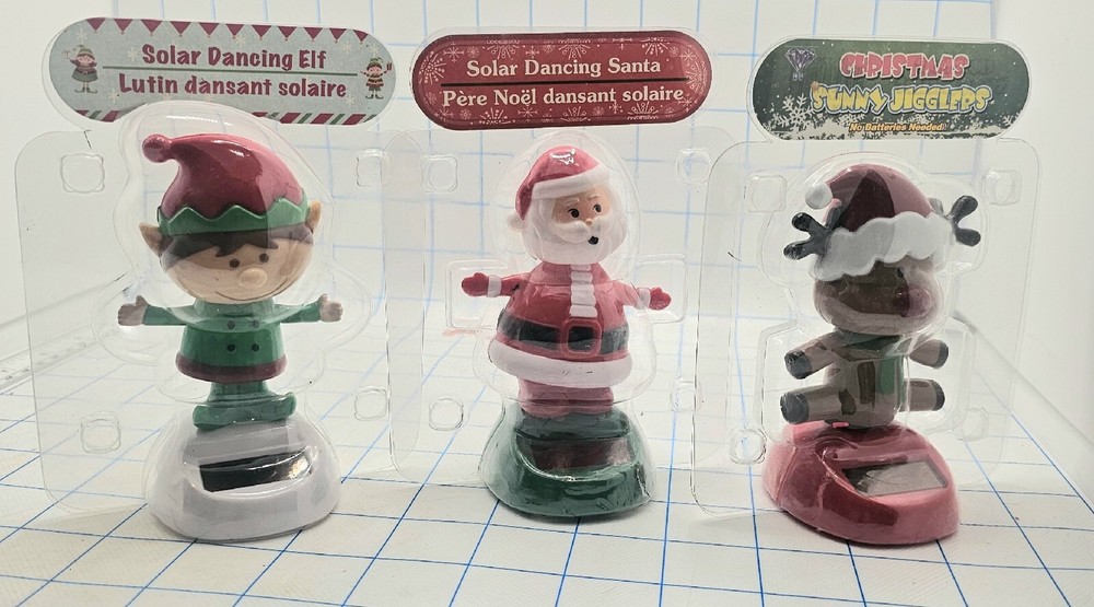 Lot of 3 Solar Powered Dancing Figures Christmas Santa Elf Reindeer – NEW