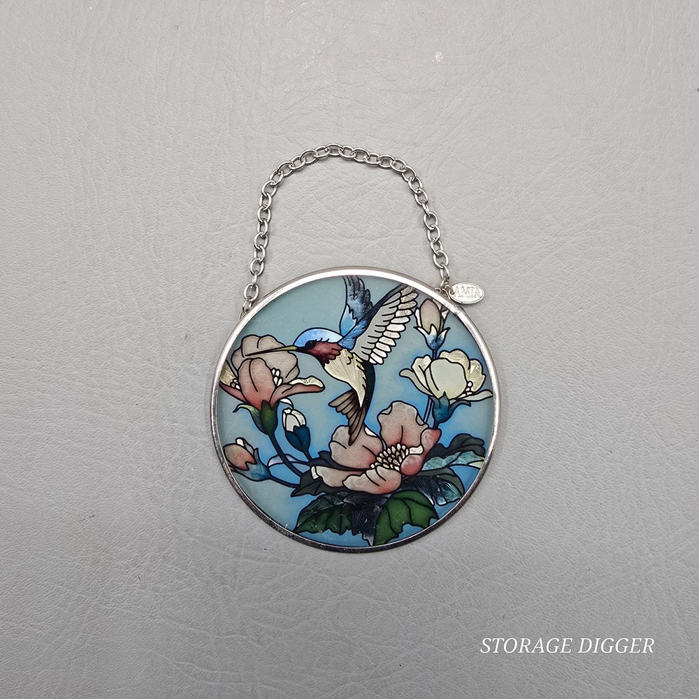 VTG Amia Hummingbird Flowers Glass Suncatcher Round 3.5″ Window Hanging Decor