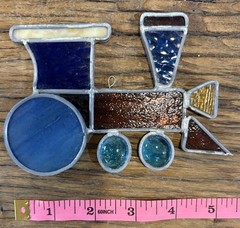 VTG Stained Glass Train Suncatcher Ornament Blue Red Yellow Pink
