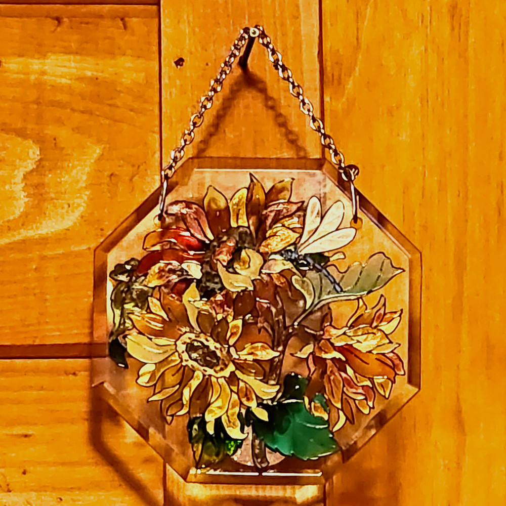 AMIA Denver, CO. Hand Painted Octagonal Suncatcher Dragonfly & Sunflowers 4.625″