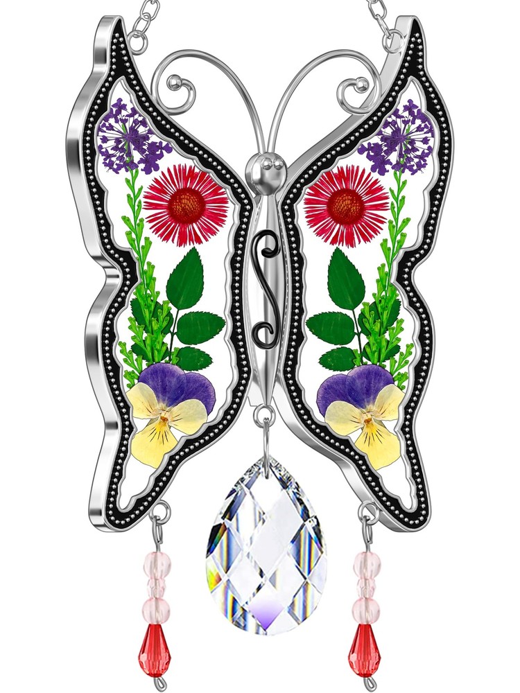 Butterfly Stained Glass Suncatcher with Real Flower Wings for Home Decor