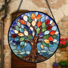 Stained Glass Window Hanging Colorful Tree of Life Sun Catchers Glass Panel New