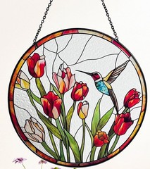 Hummingbird and Tulips Stained Glass Suncatcher – Handcrafted Real Glass Window