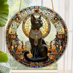 Egyptian Goddess Bastet Colorful Acrylic Round Door Hanging Suncatcher