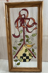 Bird & Birdhouse Painted Glass Sun-Catcher Framed Window Oak Frame 11.5″ x 22.5″