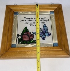 Vintage Friendship Butterfly Faux Stained Glass Wood Framed Suncatcher 8.5×9.5″
