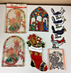 Vintage Christmas Faux Sun Catcher Stained Glass Plastic Metal Birds Stocking