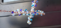Copper Crystal Cross Suncatcher Blue & Clear Crystals Beads, Link Chain