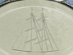 GENUINE LEADED Vintage Stained Glass Beveled Blue Sun Catcher Etched Sailboat