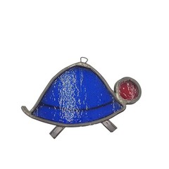 Handcrafted Stained Glass Patriotic Turtle Sun Catcher In Blue & Red