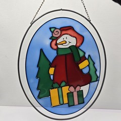 Stained Glass Sun Catcher Snowman Hanging Chain Winter Decor Art Glass 9″L 7″W