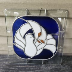 Handmade Stained Glass Window Sun Catcher White DOVE OF PEACE W/OLIVE BRANCH 10″
