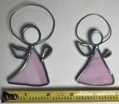 Vintage Stained Glass Angel Suncatcher Set of 2 Pink & White Ornament 5” Leaded