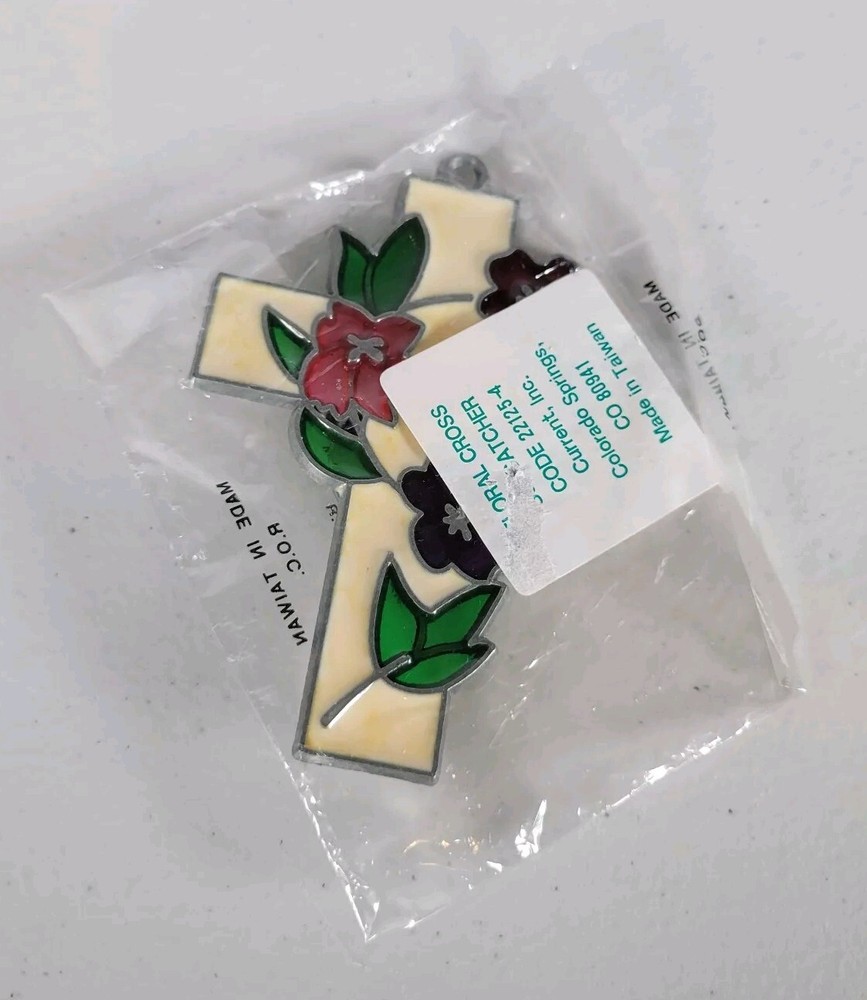 Vintage Floral Cross Stained Glass Suncatcher Flowers Religious New