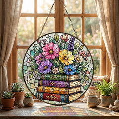 Wildflower Bookcase Blooming Spring Floral Books Stained Glass Suncatcher