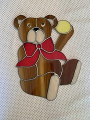 Vintage 12” TEDDY BEAR- Leaded Glass SUNCATCHER Window Decor Nursery Bedroom +