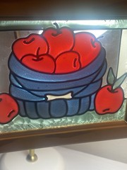 10”x8” Framed Stained Glass Window Suncatcher Apples In Blue Basket With Chain