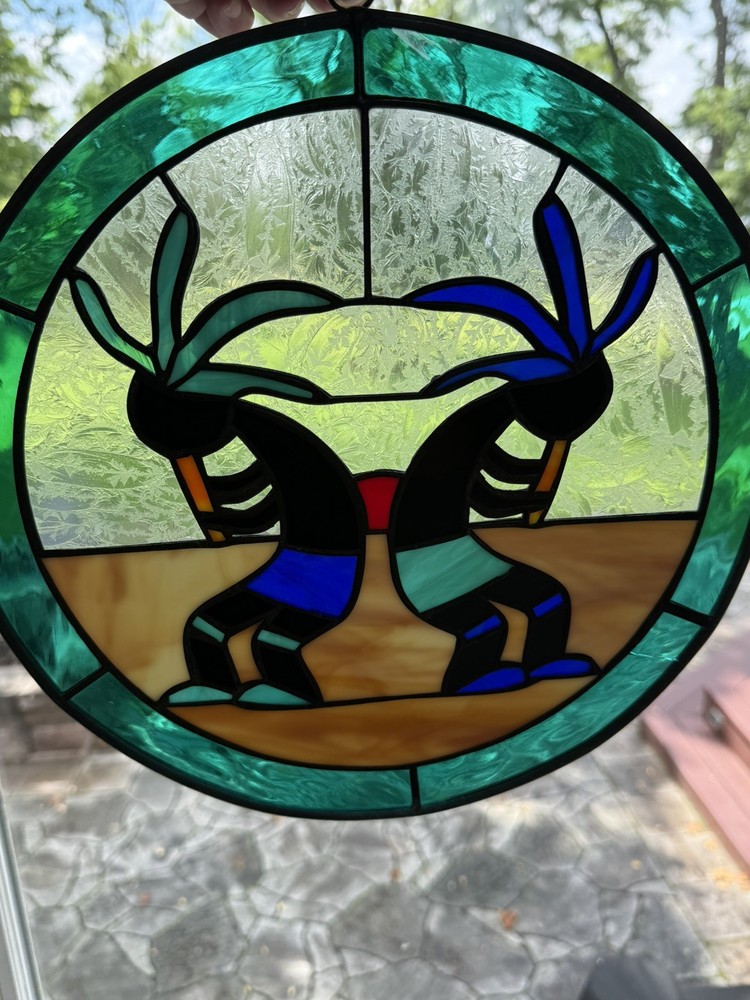 Kokopelli Stained Glass Suncatcher 12” Colorful Large ~small crack