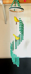 Super Nice Vintage Handmade Yellow Bird Beaded Window Wall Hanger, 27″ Length