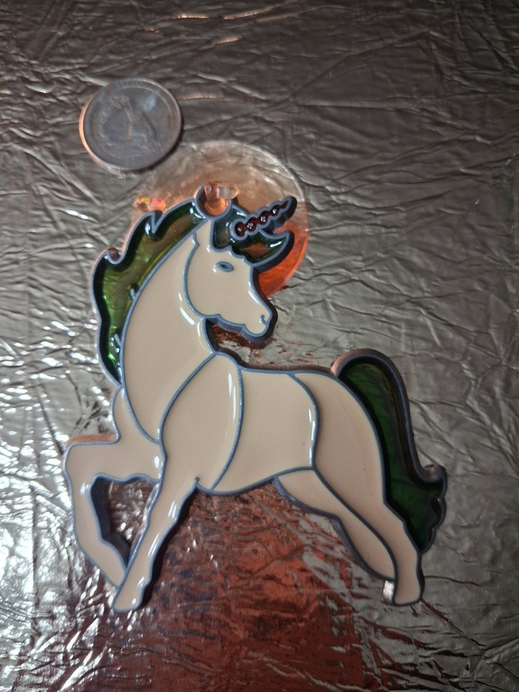 Unicorn Stained Glass Window Suncatcher w/ Suction Cup, Vintage, 4x3in