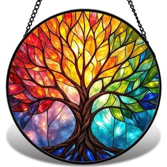 Colorful Tree of Life Stained Glass Suncatcher, Round Window Hanging Decor