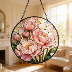 Peony Glass Suncatcher,Pink Floral Window Hanging,Elegant Home Decor,Botanical W