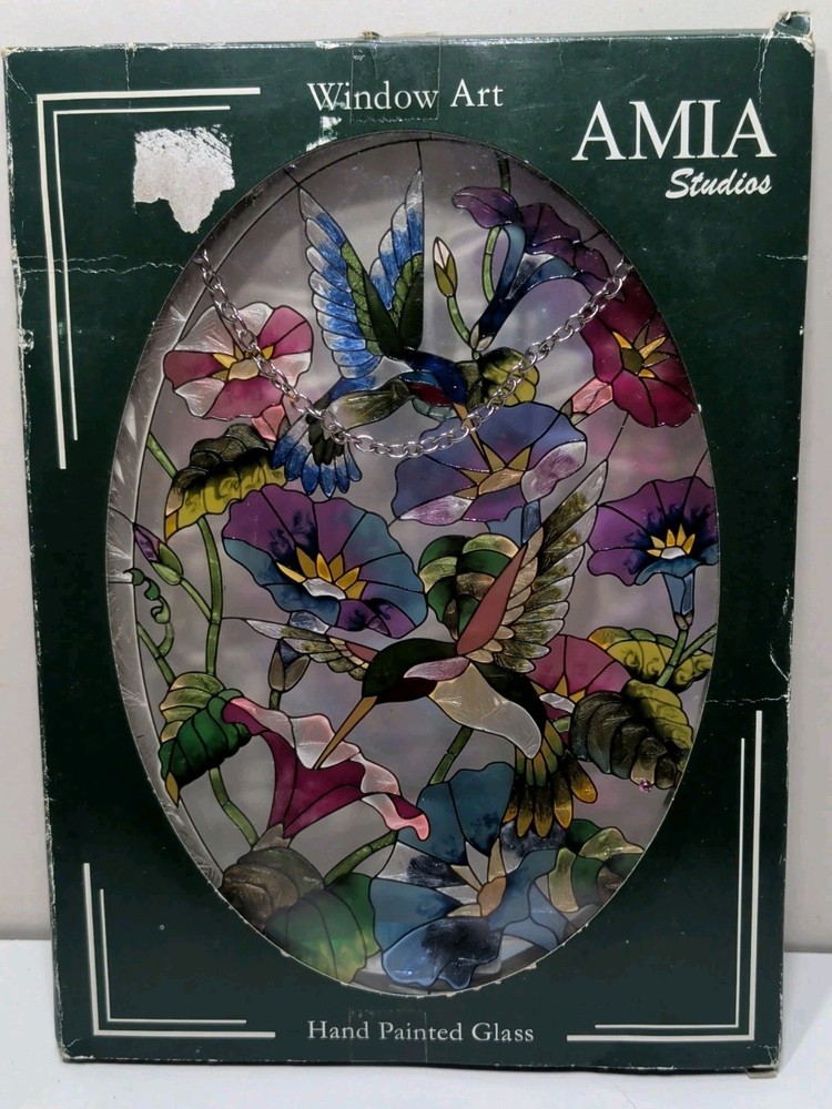Amia Hand Painted Stained Glass Window Art Panel Sun Catcher Sunflower Butterfly