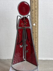 VTG Stained Glass Angel 9” Tall Suncatcher Red Holding Flowers Wings